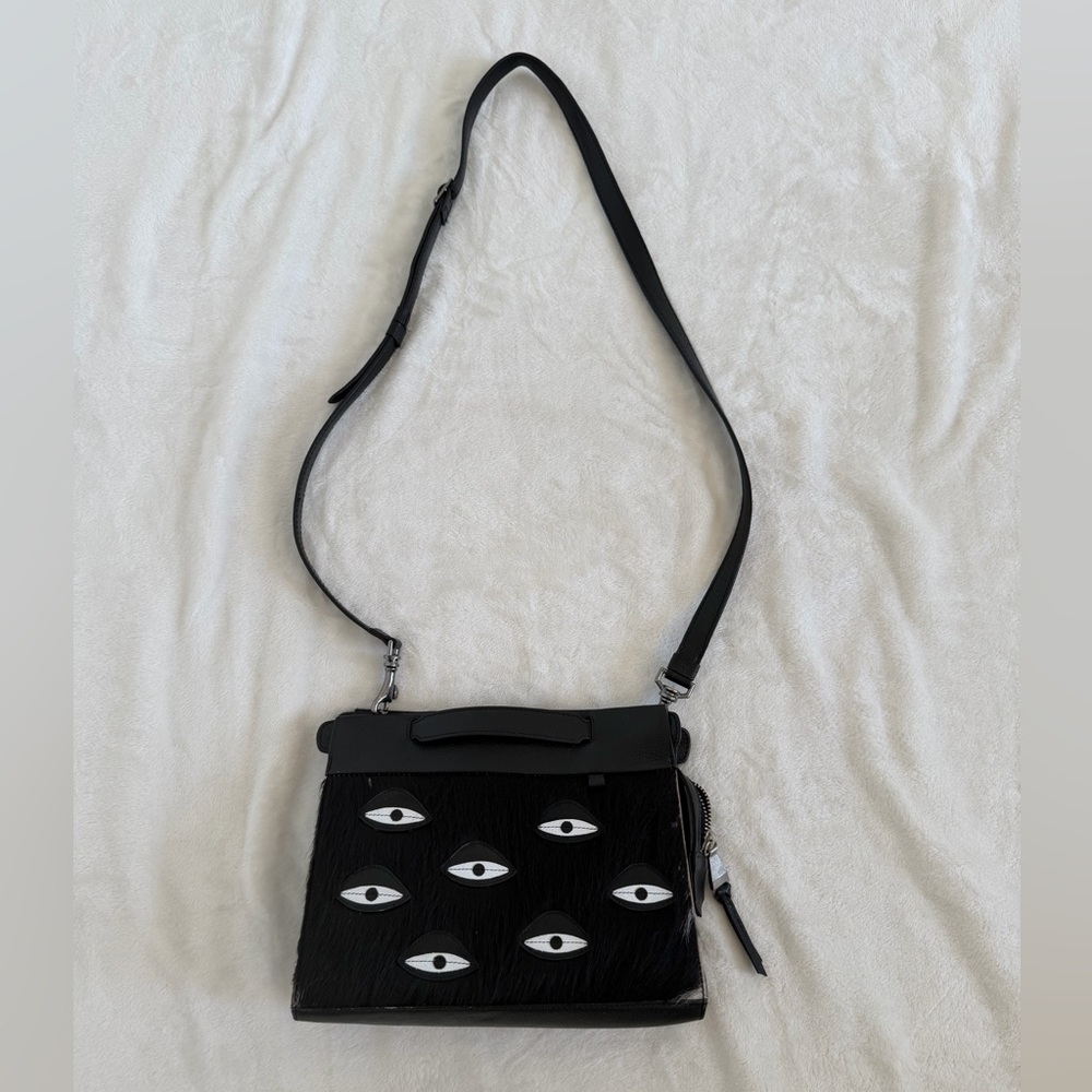Min & Mon Vali Crossbody Small Black Leather Bag w/ black fur. “All Over Eyes”